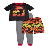 Komar Kids Boys 4'lü Sunset T-Rex' Kısa Kollu, Şortlu Uzun Pantolon, 3'lü Pijama Takımı