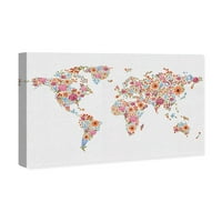 Wynwood Stüdyo Haritalar ve Bayraklar Duvar Sanatı Tuval Baskılar 'Floral Mapamundi' Dünya Haritaları-Pembe, Turuncu