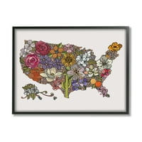 Stupell Industries Amerika Birleşik Devletleri Ülke Haritası Detaylı Botanik Devlet Çiçekler Grafik Sanat Siyah Çerçeveli