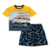 Wonder Nation Erkek Çocuk Kısa Kollu Gömlek ve Şort Pijama Takımı, 2'li, Beden 4'lü & Husky